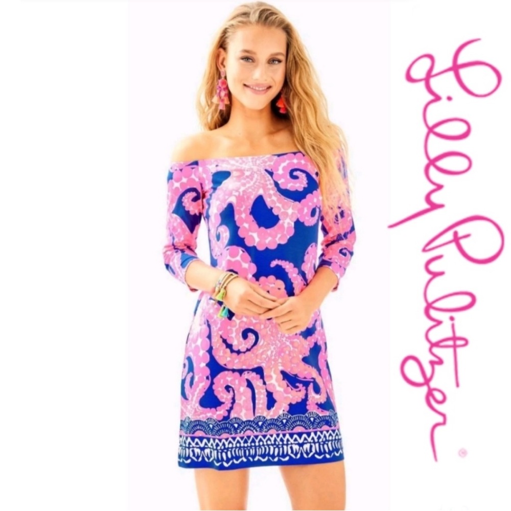 Laurana Ikat Blue Mocean Engineered Off Shoulder Dress